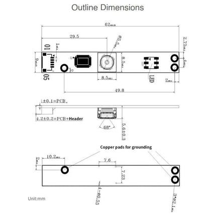 Waveshare 5MP USB Camera Module for Everyday Video Recording schematic outline dimensions and PCB mounting diagram