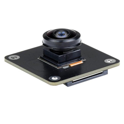 Waveshare 12.3MP Fisheye Camera with 190-Degree View for Raspberry Pi mounted wide-angle module on PCB for surveillance and robotics