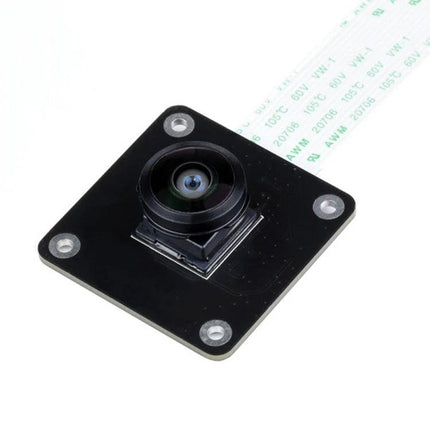 Waveshare 12.3MP Fisheye Camera with 190-Degree View for Raspberry Pi on black PCB, wide-angle lens and ribbon cable