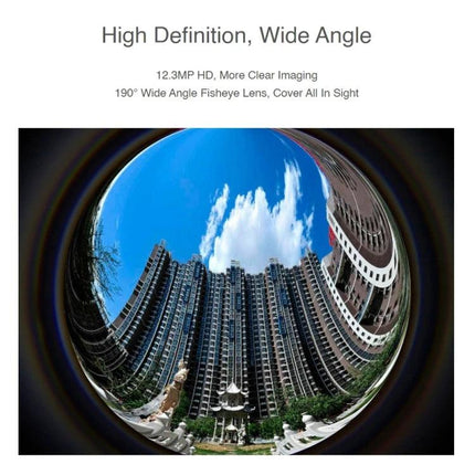 Waveshare 12.3MP Fisheye Camera with 190-Degree View for Raspberry Pi capturing wide 190° cityscape and sky in high-definition 12.3MP fisheye view
