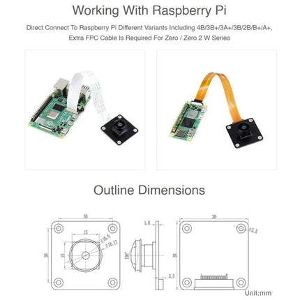 Waveshare 12.3MP Fisheye Camera with 190-Degree View for Raspberry Pi showing camera module connected to Raspberry Pi and outline dimensions