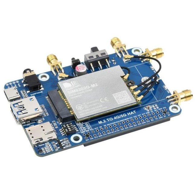 Waveshare 5G HAT Expansion Board for Raspberry Pi Projects - SIM8202G-M2 module on blue expansion board with antenna connectors