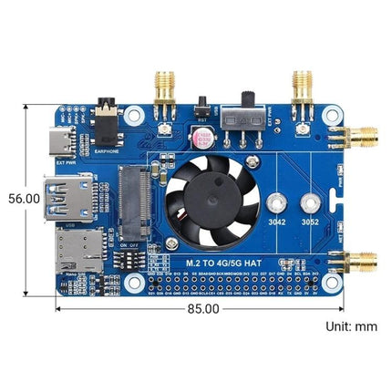 Waveshare 5G HAT Expansion Board for Raspberry Pi Projects showing SIM8202G-M2 module, fan, connectors and M.2 layout (85x56 mm)