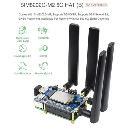 Waveshare 5G HAT Expansion Board for Raspberry Pi Projects with SIM8202G-M2 module and four external antennas