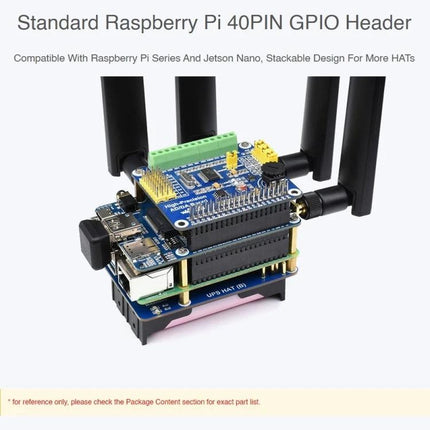 Waveshare 5G HAT Expansion Board for Raspberry Pi Projects stacked on Raspberry Pi showing SIM8202G-M2 module and 40-pin GPIO header