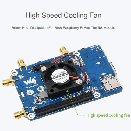 Waveshare 5G HAT Expansion Board for Raspberry Pi Projects high-speed cooling fan on SIM8202G-M2 5G HAT