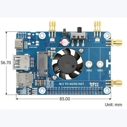 Waveshare 5G Expansion Board for Raspberry Pi Connectivity showing RM500U-CN module, fan, antenna ports, and dimensions (85x56.7 mm)