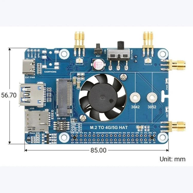 Waveshare 5G Expansion Board for Raspberry Pi Connectivity showing RM500U-CN module, fan, antenna ports, and dimensions (85x56.7 mm)