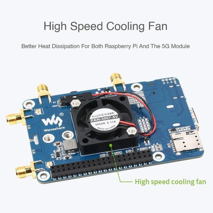 Waveshare 5G Expansion Board for Raspberry Pi Connectivity with high-speed cooling fan and RM500U-CN module for IoT 5G/LTE-A projects
