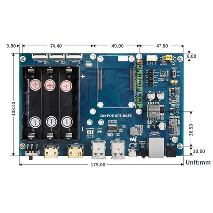 Waveshare PoE UPS Base Board for Raspberry Pi CM4 Development – top view with battery holders, HDMI, USB-C and CM4 slot (measurements shown)
