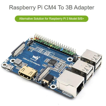 Raspberry Pi CM4 Adapter for 3B and 3B+ Compatibility - blue adapter board showing HDMI, USB, Ethernet and 40-pin header for CM4 to Raspberry Pi 3B/3B+