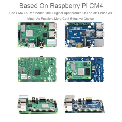 Raspberry Pi CM4 Adapter for 3B and 3B+ Compatibility showing CM4 module and adapter board views