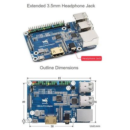 Raspberry Pi CM4 Adapter for 3B and 3B+ Compatibility - blue adapter board with extended 3.5mm headphone jack and outline dimensions