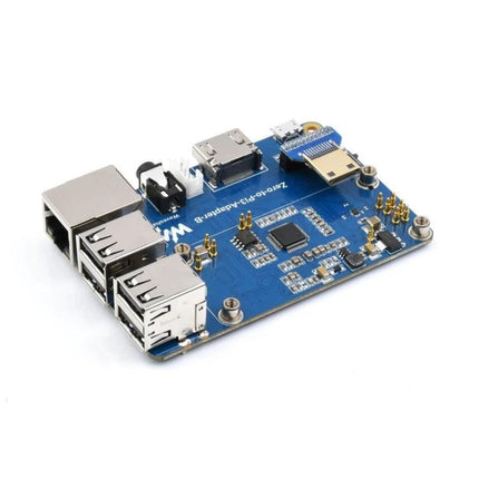 Waveshare Adapter for Connecting Raspberry Pi Zero 2W to 3B blue adapter board showing USB, HDMI and pogo pins for compact Raspberry Pi projects