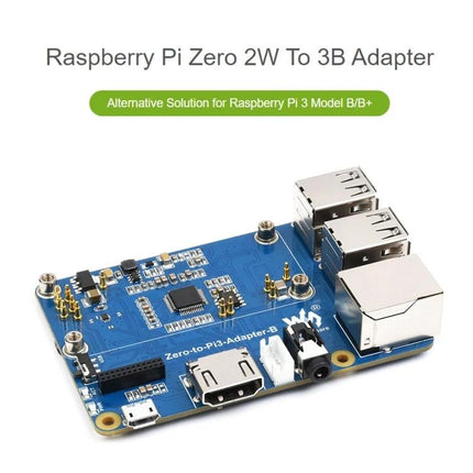 Waveshare Adapter for Connecting Raspberry Pi Zero 2W to 3B showing blue adapter board with pogo pins and USB/Ethernet ports for compact IoT projects