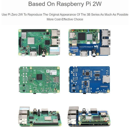 Waveshare Adapter for Connecting Raspberry Pi Zero 2W to 3B showing top and bottom views with pogo pin connector and added ports