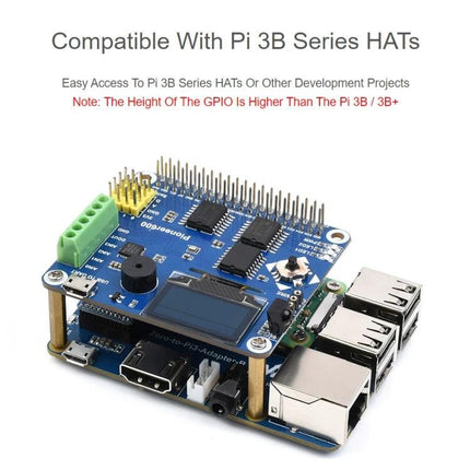 Waveshare Adapter for Connecting Raspberry Pi Zero 2W to 3B mounted on Raspberry Pi 3B showing pogo pins, extra USB and audio ports for compact IoT projects