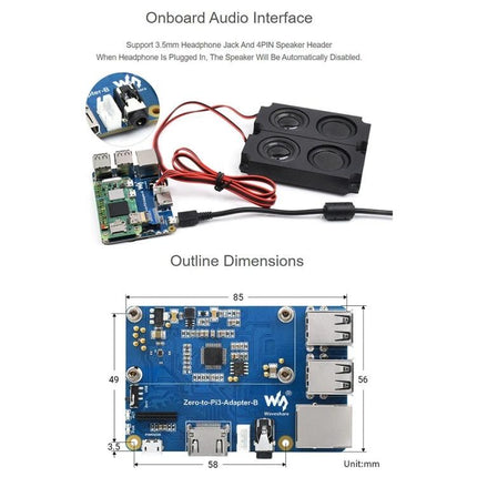 Waveshare Adapter for Connecting Raspberry Pi Zero 2W to 3B - blue adapter board with onboard audio, USB ports and dimensions