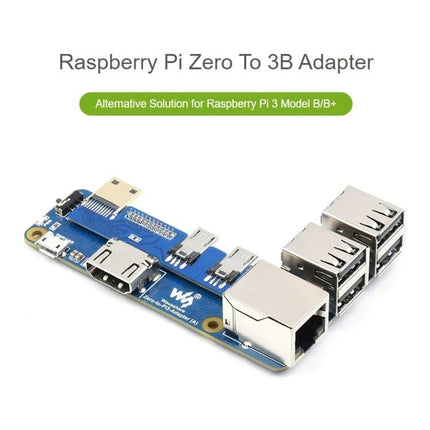 Waveshare Adapter for Raspberry Pi Zero and 3B Plus Boards - blue adapter board showing USB, HDMI and Ethernet connectors for Pi Zero to 3B+ integration