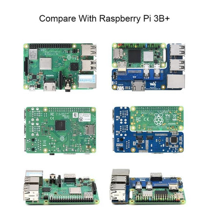 Waveshare Adapter for Raspberry Pi Zero and 3B Plus Boards shown comparing Pi Zero attached to Raspberry Pi 3B+ in multiple views