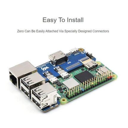 Waveshare Adapter for Raspberry Pi Zero and 3B Plus Boards attached showing easy-to-install connectors for Pi Zero to Pi 3B+ compatibility