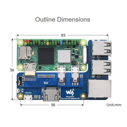 Waveshare Adapter for Raspberry Pi Zero and 3B Plus Boards showing dimensions and port layout for easy Pi Zero to Pi 3B+ attachment