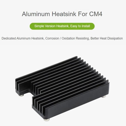 Waveshare Aluminum Heatsink for Raspberry Pi CM4 with Notch black aluminum fin heatsink showing notch and mounting pads for improved cooling