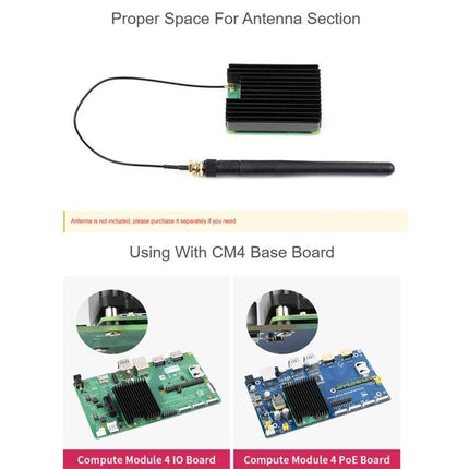Waveshare Aluminum Heatsink for Raspberry Pi CM4 with Notch mounted with antenna space and shown on CM4 IO and PoE base boards