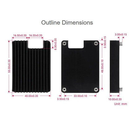 Waveshare Aluminum Heatsink for Raspberry Pi CM4 with Notch showing black heatsink dimensions, mounting holes and side profile (dimensions in mm)