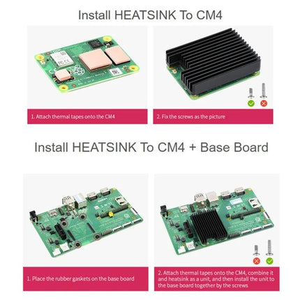 Waveshare Aluminum Heatsink for Raspberry Pi CM4 with Notch installed on CM4 showing thermal tape, screws, and base board assembly