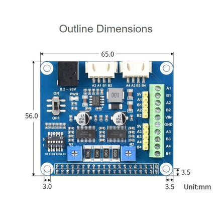 Waveshare Stepper Motor HAT for Raspberry Pi, Drives Two Motors - top view with outline dimensions and connector labels