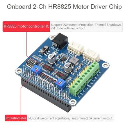 Waveshare Stepper Motor HAT for Raspberry Pi, Drives Two Motors - compact 2-channel HR8825 driver HAT for precise robotics and DIY automation