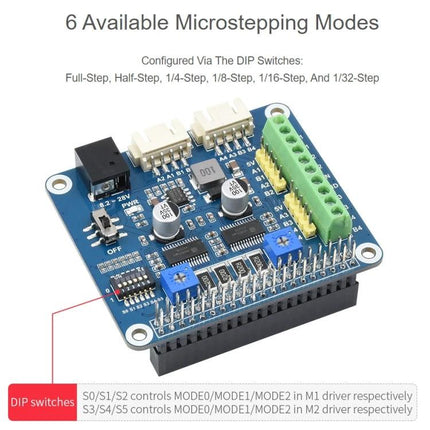 Waveshare Stepper Motor HAT for Raspberry Pi, Drives Two Motors — compact dual-stepper HAT with DIP switches, motor terminals, and GPIO header for precise control