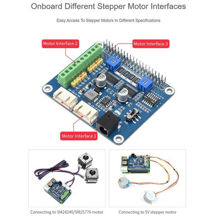 Waveshare Stepper Motor HAT for Raspberry Pi, Drives Two Motors - compact dual-stepper driver HAT with motor interfaces and connectors
