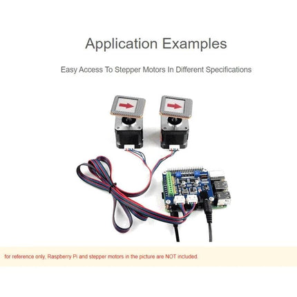Waveshare Stepper Motor HAT for Raspberry Pi, Drives Two Motors connected to two stepper motors showing application example and wiring