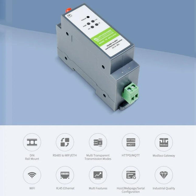 Waveshare Rail-Mount Serial Server for Industrial Data Acquisition RS485 to WiFi/Ethernet Modbus MQTT gateway DIN rail unit