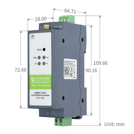 Waveshare Rail-Mount Serial Server for Industrial Data Acquisition compact RS485-to-WiFi/Ethernet rail-mount converter with dimensions shown