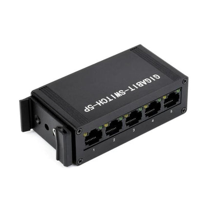 Waveshare Five-Port Industrial Gigabit Ethernet Switch black metal 5-port rugged unmanaged Ethernet switch for industrial networks