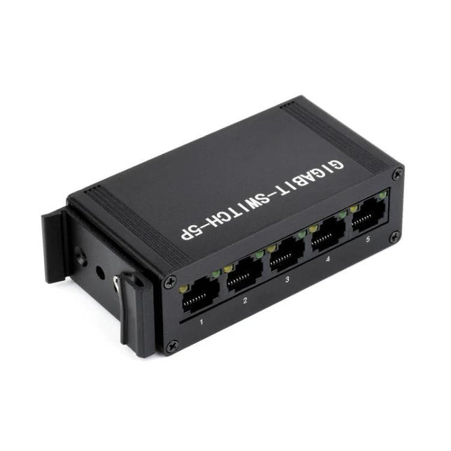 Waveshare Five-Port Industrial Gigabit Ethernet Switch black metal 5-port rugged unmanaged Ethernet switch for industrial networks