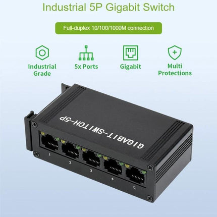 Waveshare Five-Port Industrial Gigabit Ethernet Switch black metal housing showing five RJ45 ports and LED indicators for industrial 10/100/1000M networking