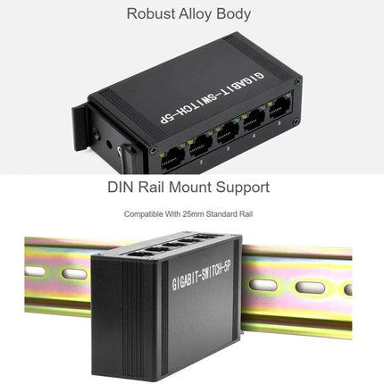 Waveshare Five-Port Industrial Gigabit Ethernet Switch - rugged DIN-rail, 5-port 10/100/1000M industrial network switch