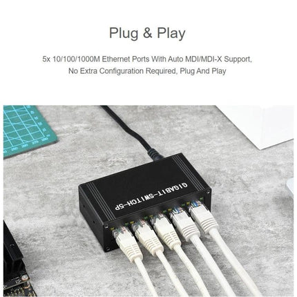 Waveshare Five-Port Industrial Gigabit Ethernet Switch shown with five Ethernet cables plugged in, compact plug-and-play industrial network switch