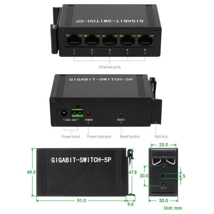 Waveshare Five-Port Industrial Gigabit Ethernet Switch front and back views with port labels, power input and dimensions