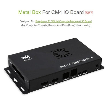 Waveshare Metal Enclosure for Raspberry Pi CM4 with Fan black metal case showing top fan and side IO cutouts