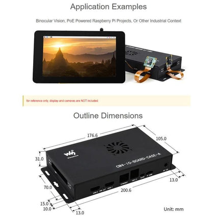 Waveshare Metal Enclosure for Raspberry Pi CM4 with Fan shown with PoE setup and outline dimensions