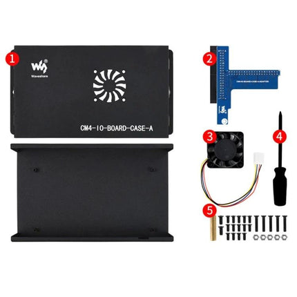 Waveshare Metal Enclosure for Raspberry Pi CM4 with Fan showing black metal case, cooling fan, adapter board and mounting hardware