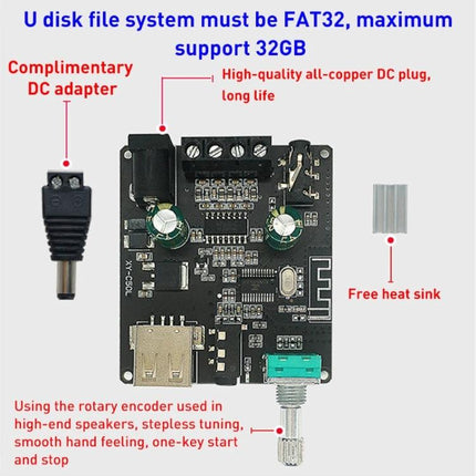 50W Stereo Bluetooth Audio Amplifier Board for Music Systems shown with USB port, rotary encoder, DC adapter and heat sink for DIY speaker upgrades