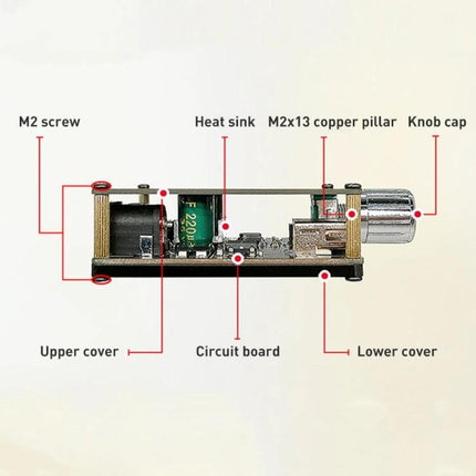 50W Stereo Bluetooth Audio Amplifier Board for Music Systems showing labeled components (M2 screws, heat sink, copper pillars, knob cap, circuit board)
