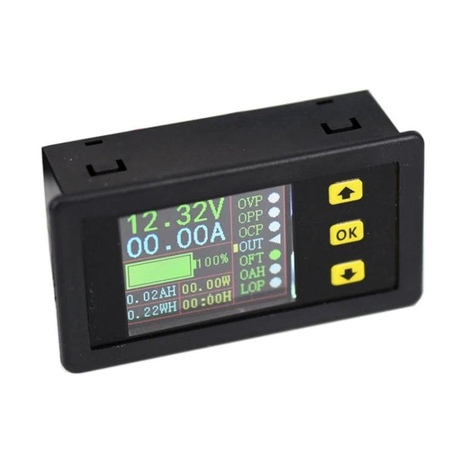 Dual-Display Meter for Monitoring Voltage and Current in Charging digital panel showing 12.32V and 0.00A with battery icon and control buttons