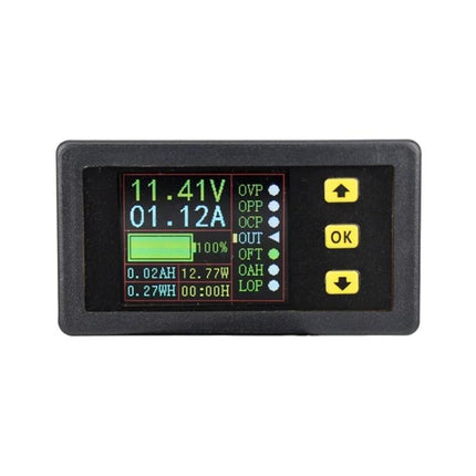 Dual-Display Meter for Monitoring Voltage and Current in Charging showing voltage, current, battery level and control buttons on color screen